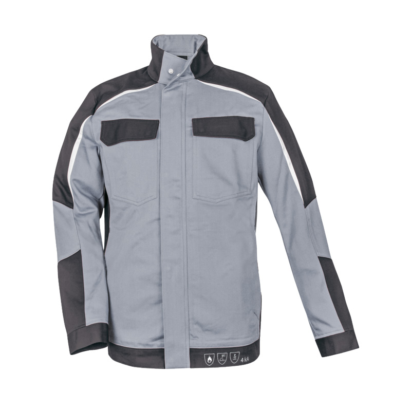 Frontansicht der HB ArcSelect MultiNorm Jacke 4 kA | APC1 von HB Protective Wear in Grau-Schwarz mit Stehkragen und Brusttaschen