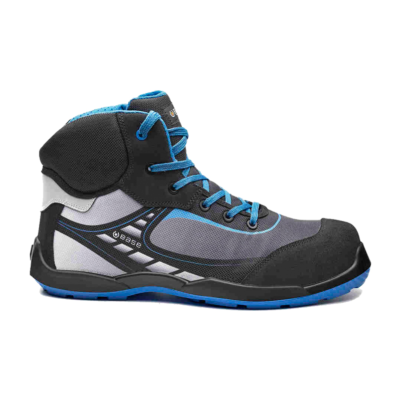 BASE Bowling Top S3L Sicherheitsstiefel B0678 von BASE, grau-schwarz-blau, seitliche Ansicht mit hohem Schaft, 200-Joule-Zehenschutzkappe, durchtrittsicherer Sohle und rutschfester Laufsohle
