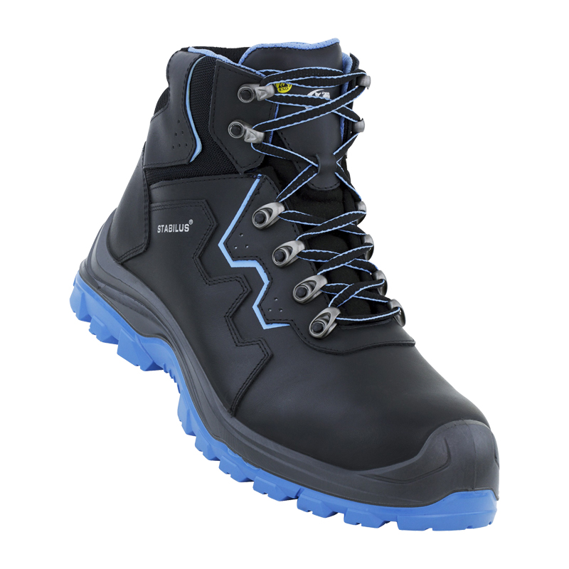Stabilus Alex Mid Blue ESD S3S Sicherheitsstiefel metallfrei, schwarzer Arbeitsstiefel mit blauer Sohle und Schnürung, seitliche Ansicht