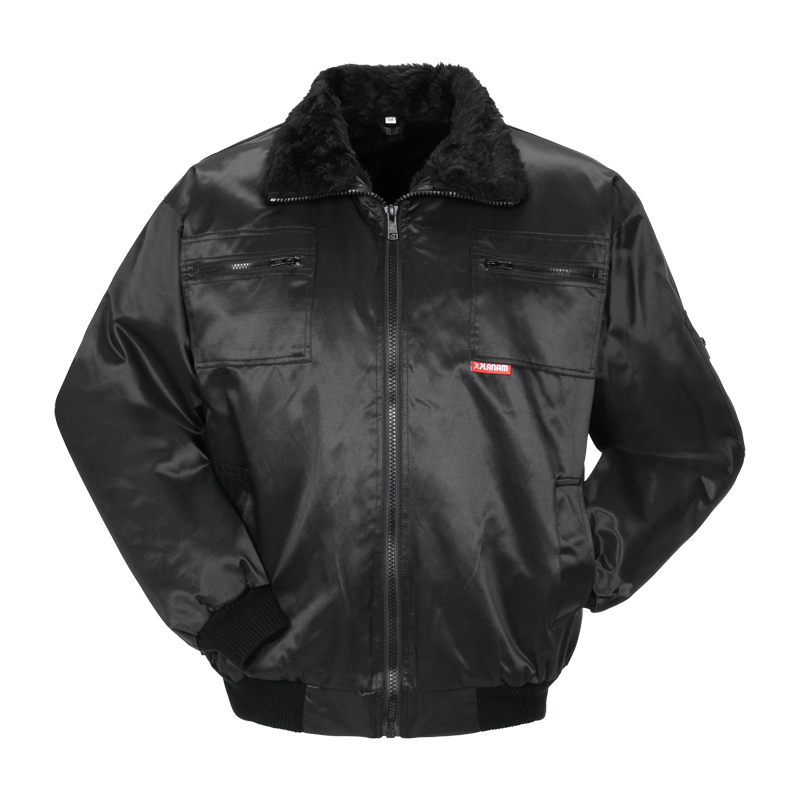 Schwarze Planam Gletscher Piloten Jacke nach EN 342 mit Webpelzkragen, Reißverschluss und Brusttaschen als wärmende Arbeitsjacke für kalte Einsätze