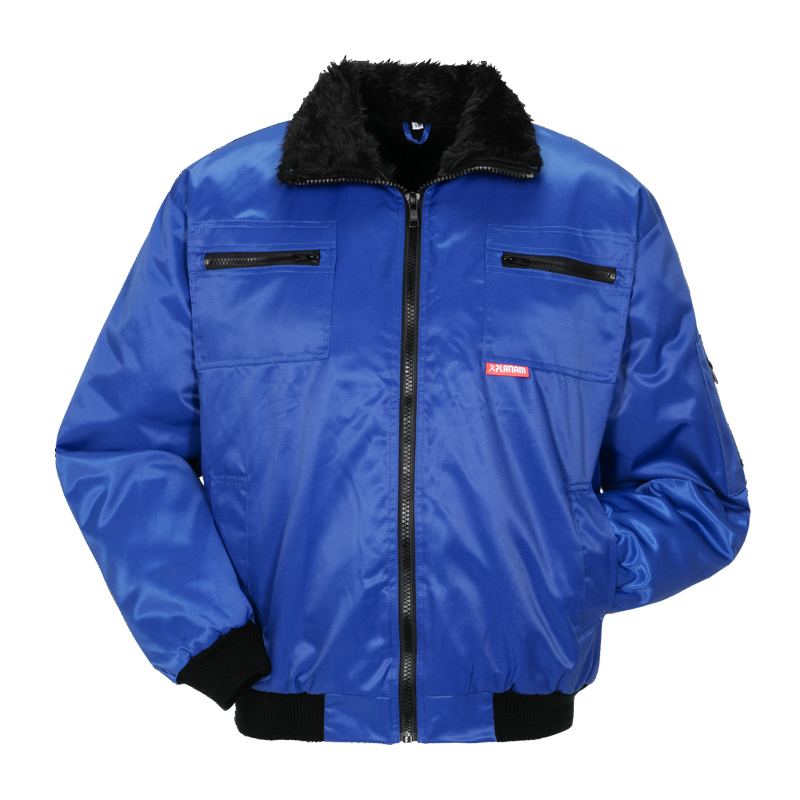 Planam Gletscher Piloten Jacke nach EN 342, blaue Winter-Arbeitsjacke mit schwarzem Webpelzkragen und Reißverschlusstaschen