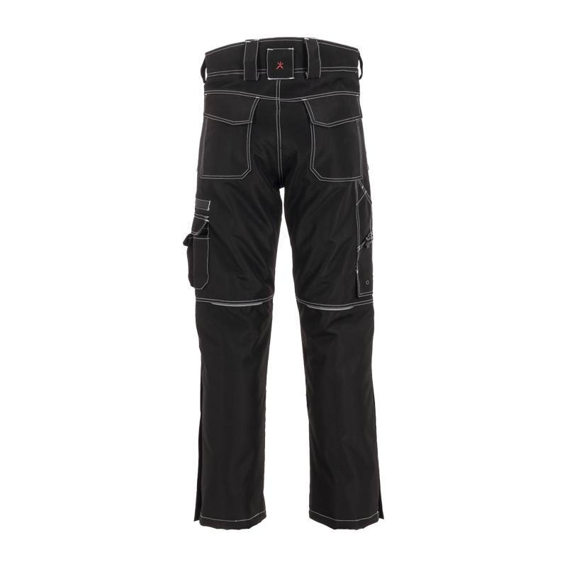 Rückansicht der Planam Basalt Winterhose mit Kniepolstertaschen, schwarze gefütterte und robuste Arbeitshose für Winter, Bau und Handwerk
