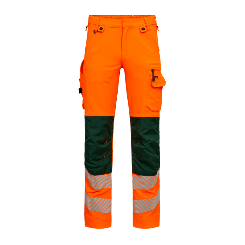 Frontansicht der ENGEL Engel Safety Stretch Warnschutz Hose Klasse 2 2345-124 in Orange mit dunklen Kniepartien, Reflexstreifen und Seitentaschen