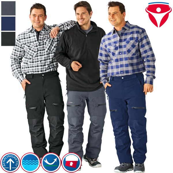 Produktbild mit drei Herren in karierten Arbeitshemden, schwarzem Pullover und strapazierfähigen Arbeitshosen in Schwarz, Grau und Blau