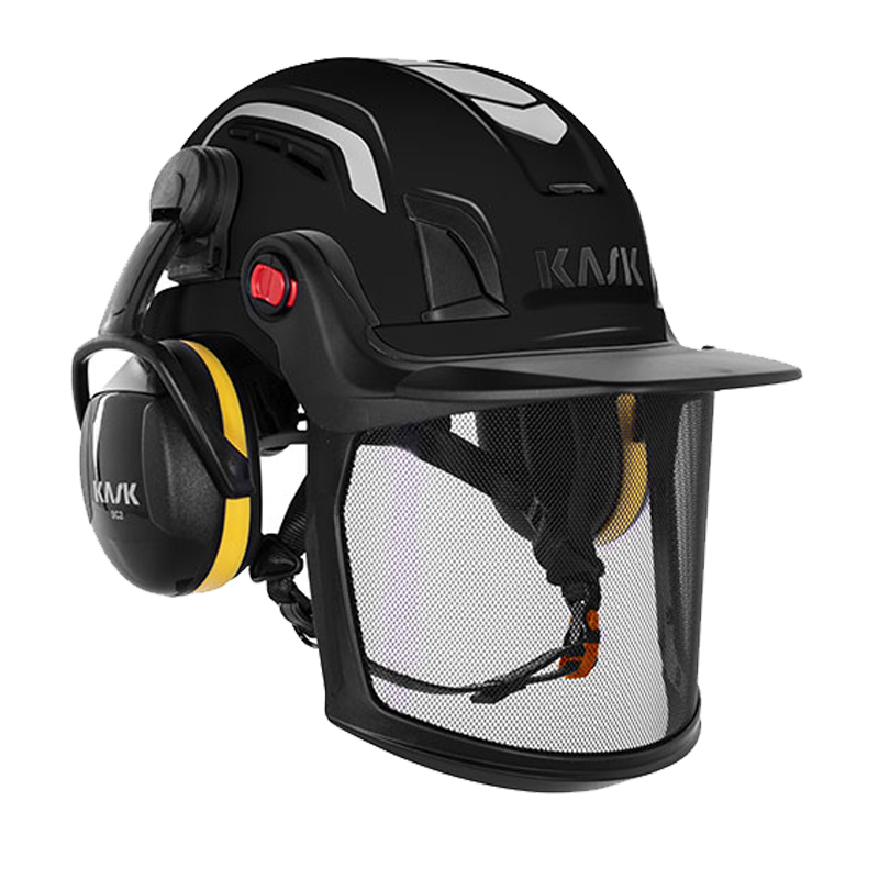 Kask ZENITH-X PL COMBO Kletterhelm EN 12492, schwarzer Schutzhelm mit Mesh-Visier, Gehörschutz und Helmschirm