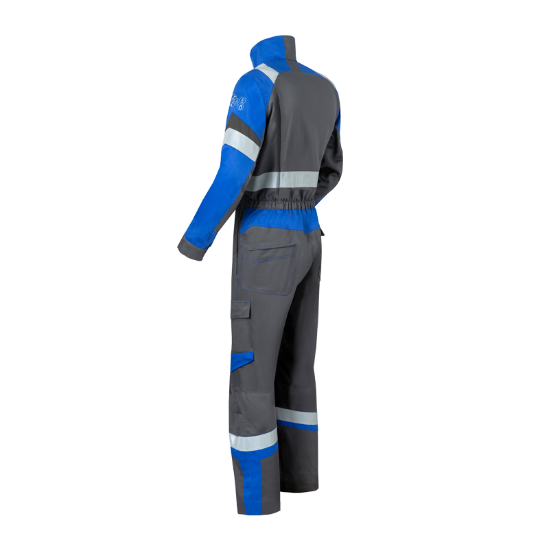 Rückansicht des HaVeP 5Safety Image+ 20290 MultiNorm Overall APC1 in Grau-Blau mit Reflexstreifen und Stehkragen, Schutzoverall für den professionellen Arbeitseinsatz