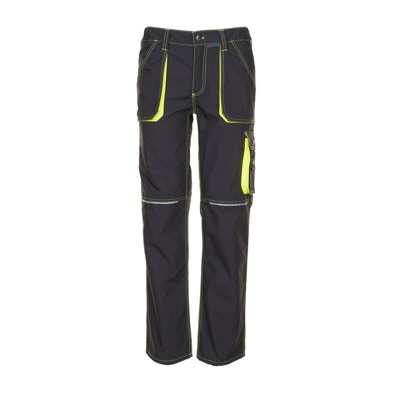 Planam Basalt Neon Bundhose von Planam, schwarze Arbeitshose mit neongelben Kontrasteinsätzen und praktischen Taschen, Vorderansicht