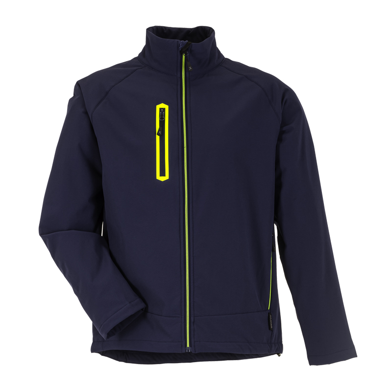 Planam Flash Jacke mit Stretch und Teddyfutter, dunkelblaue Arbeitsjacke mit Stehkragen und gelben Reißverschluss-Details