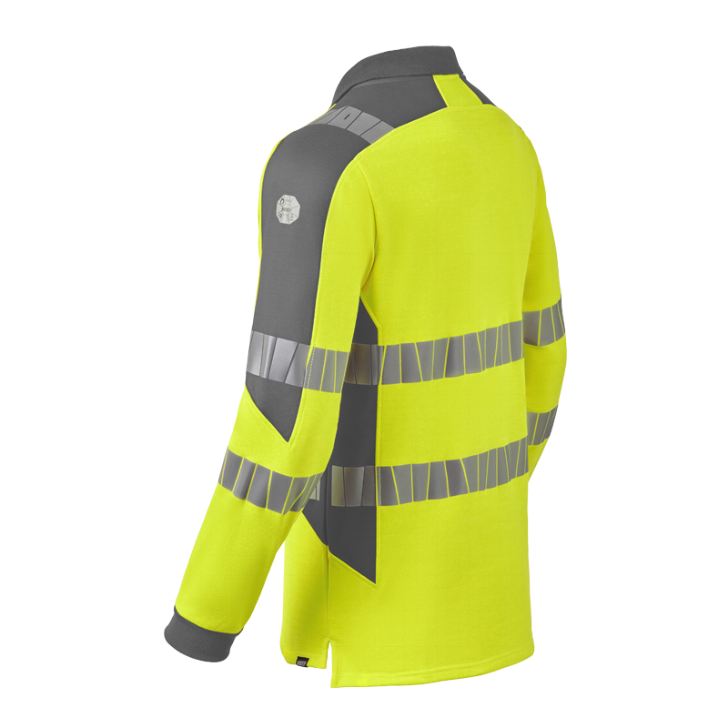 Rückansicht des HaVeP 10104 MultiNorm Hi-Vis Warnschutz Sweat-Shirts inhärent in Gelb/Grau mit reflektierenden Streifen und hohem Kragen