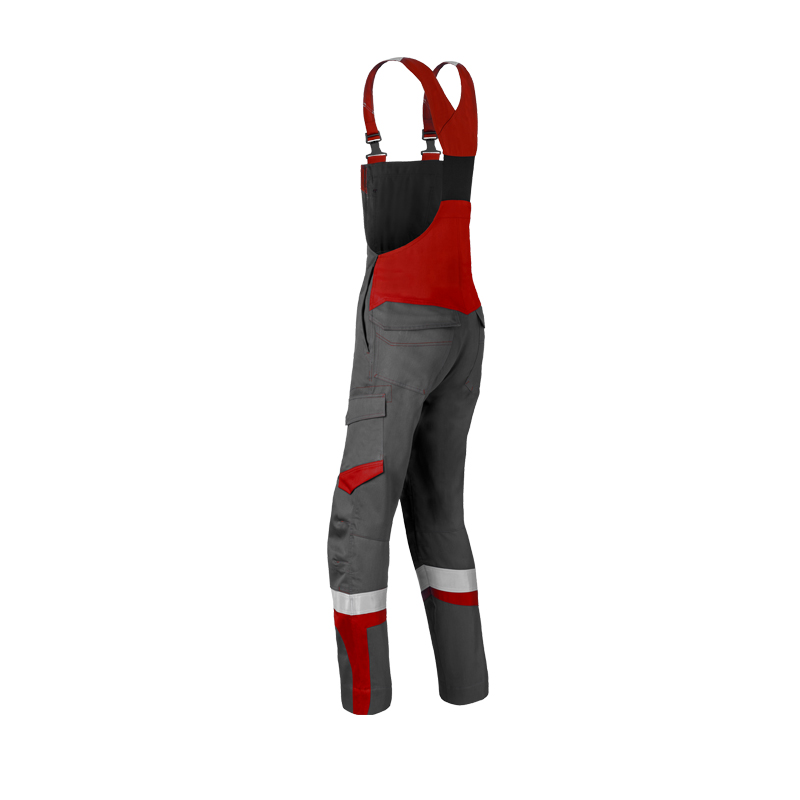 Rückansicht der HaVeP 5Safety Image+ 20291 MultiNorm Latzhose APC2 in Grau-Rot mit Reflexstreifen und verstellbaren Trägern