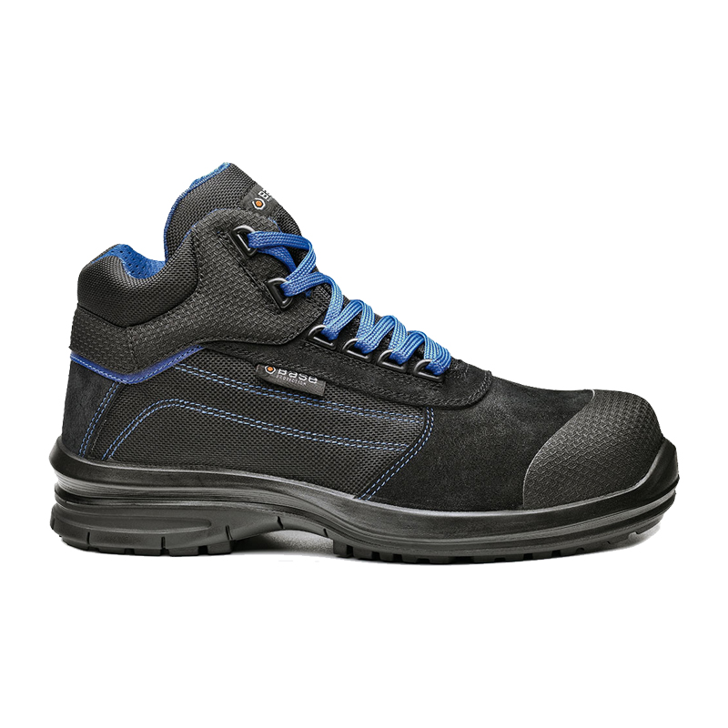 BASE Pulsar Top S1PL Sicherheitsstiefel B0954 von BASE, schwarzer Arbeitsstiefel mit blauen Schnürsenkeln, robuster Zehenschutzkappe und rutschhemmender Sohle in Seitenansicht