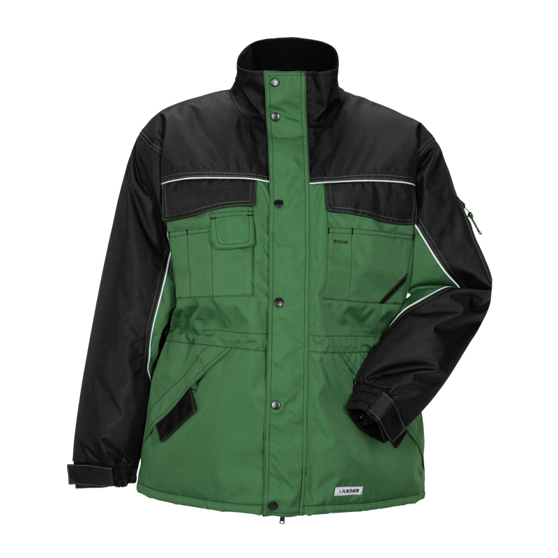Planam Dust Parka Wetterschutz mit Reflexbiesen, robuste Arbeitsjacke in Grün/Schwarz mit Stehkragen und Taschen