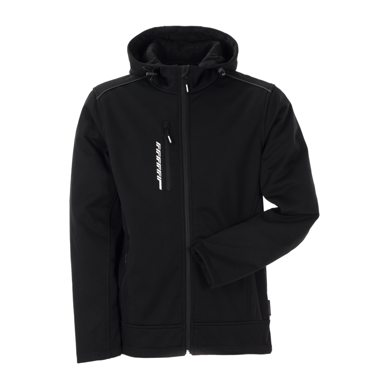 Planam Hawk Softshelljacke mit schwarzen Reflexbiesen in Schwarz, Arbeitsjacke mit Kapuze und Reißverschluss