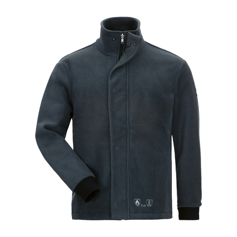 Dunkelgraue HB MultiPro MultiNorm Fleece Jacke 4 kA + 7 kA APC2 von HB Protective Wear, Vorderansicht mit Stehkragen und verdecktem Reißverschluss