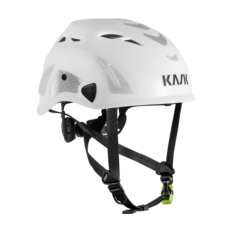 Kask SUPERPLASMA PL HI VIZ Kletterhelm EN 12492, weißer Sicherheitshelm mit Belüftungsöffnungen, reflektierenden Details und verstellbarem Kinnriemen