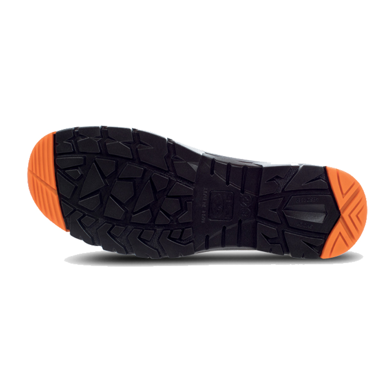 Unteransicht der Profilsohle des metallfreien FTG Saturn S1P ESD Sicherheitsschuhs aus der Gemini Line in Schwarz mit orangefarbenen Laufzonen