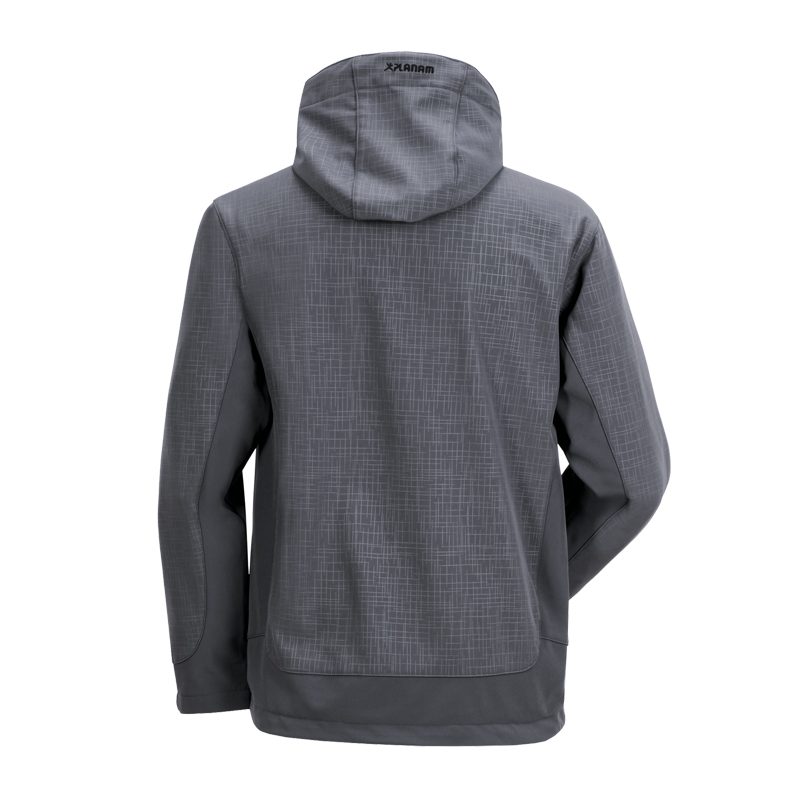 Rückansicht der Planam Cube Softshelljacke mit Struktur und Kapuze in Grau, funktionale Arbeitsjacke mit modernem Design
