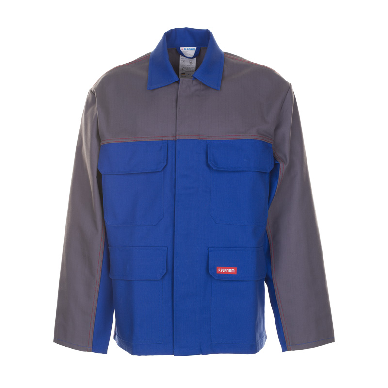 Frontansicht der PLANAM Major Protect MultiNorm Jacke 1-lagig APC1 von Planam, robuste Schutzjacke in Blau-Grau mit Umlegekragen und mehreren Taschen