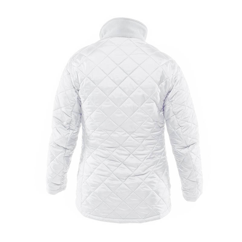 Rückansicht der weißen TEMPEX THERMO HYGIENE ErgoPlus Damen Jacke von HB Protective Wear mit Stehkragen und gesteppter Thermo-Oberfläche für hygienische Kältearbeitsbereiche