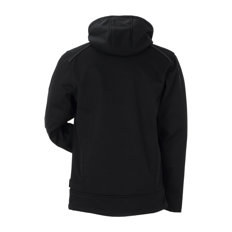 Rückansicht der Planam Hawk Softshelljacke mit schwarzen Reflexbiesen in Schwarz, mit Kapuze