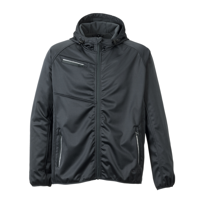 Planam Fog Softshelljacke mit Stretch und Kapuze in Schwarz, Frontansicht mit Reißverschlusstaschen und Brusttasche