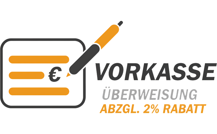 Grafik zu Vorkasse per Überweisung: Rechnung mit Euro-Zeichen und Stift, Hinweis auf 2 % Rabatt bei Zahlung per Überweisung