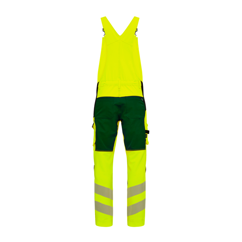 Rückansicht der ENGEL Safety Stretch Warnschutz Latzhose Klasse 2 3345-124 in leuchtendem Gelb/Grün mit Reflexstreifen