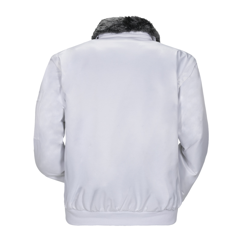 Rückenansicht der Planam Gletscher Comfort Jacke 3 in 1 nach EN 342 in Weiß, warme Winter-Arbeitsjacke mit Pelzkragen und elastischem Bund
