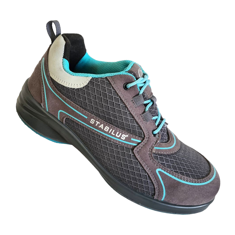 Stabilus Julia Low ESD Damen S1P Sicherheitsschuhe 11420, grauer Arbeitsschuh mit Mesh, Mikrofaser und türkisfarbenen Details