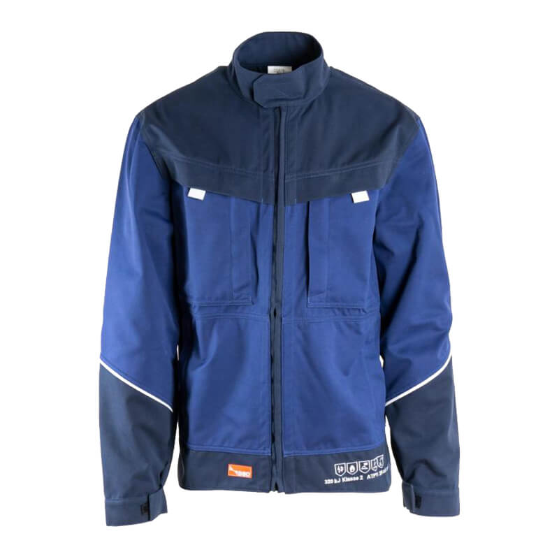 BSD BSDFuturaTec Gore Pyrad MultiNorm Jacke APC2 4 kA + 7 kA, blaue Schutzjacke mit Stehkragen und Frontreißverschluss für Störlichtbogenschutz nach EN 61482-2