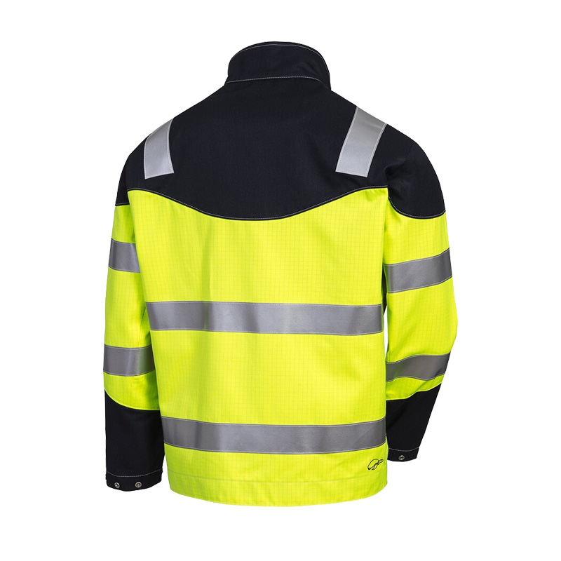Rückansicht des HB Protective Wear MODarc & vis MultiNorm Warnschutz Blouson 4 kA APC1 in Gelb-Schwarz mit umlaufenden Reflexstreifen