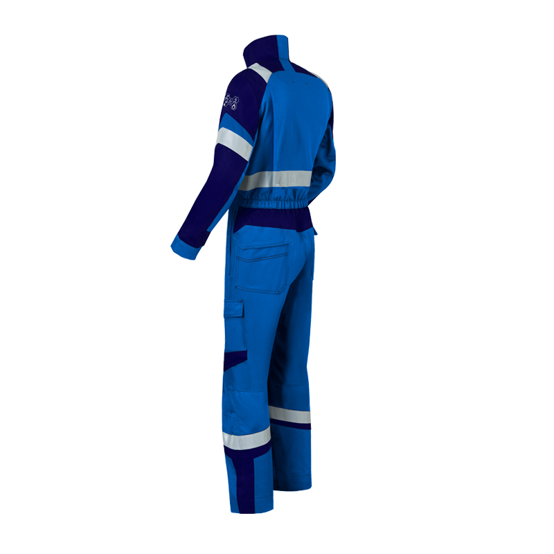 Rückansicht des HaVeP 5Safety Image+ 20290 MultiNorm Overall APC1 in Blau mit Reflexstreifen und funktionalen Arbeitsschutzdetails