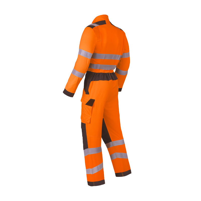 Rückansicht des HaVeP Multi Protector+ MultiNorm Warnschutz Overalls Klasse 3 | APC1 in Orange mit Reflexstreifen und Kontrastbesatz