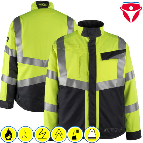 Mascot Multisafe Warnschutzjacke Gelb-Schwarz mit silbernen Reflexstreifen, hohe Sichtbarkeit, Vorder- und Rückseite