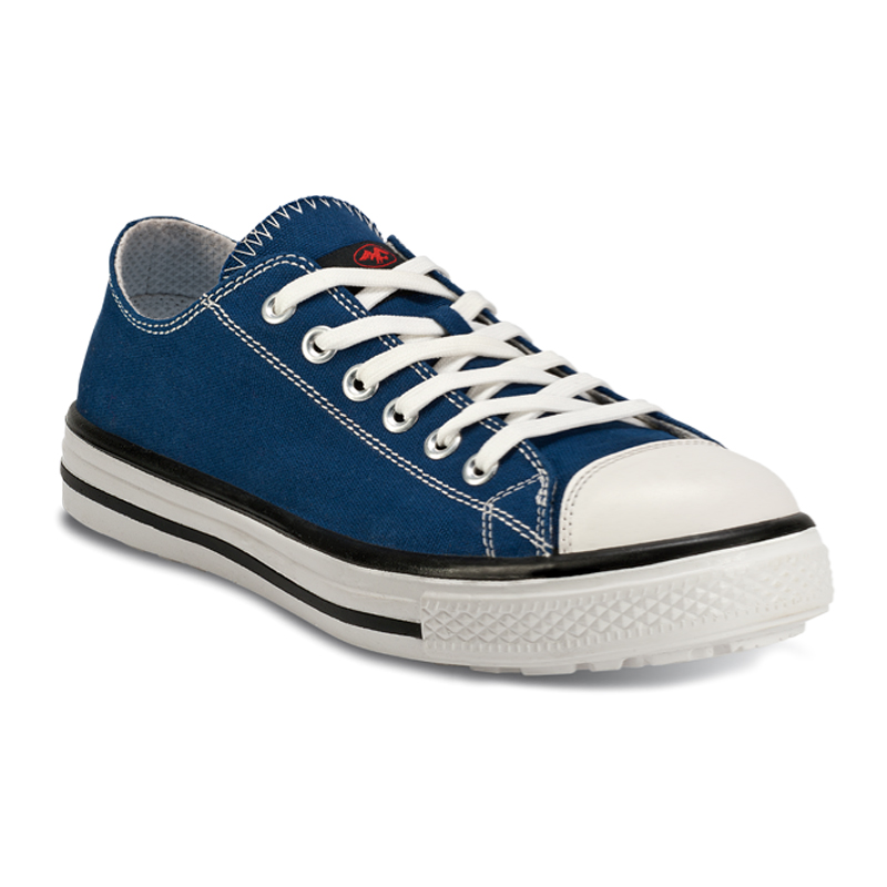 FTG Blues Low S1P Sicherheitsschuh aus blauer, verstärkter Baumwolle im Turnschuh-Design mit weißer Zehenkappe und Schnürung, niedriger Arbeitsschuh aus der Music Line