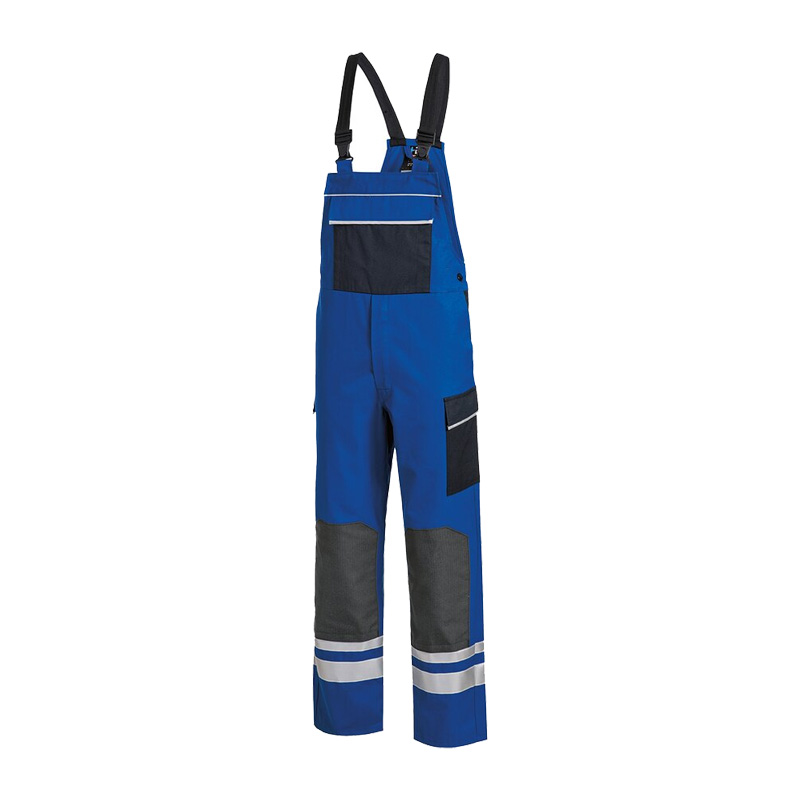 HB Nomex Viskose MultiNorm Latzhose 4 kA APC1 von HB Protective Wear, blaue Schutz-Latzhose mit schwarzen Besätzen, Brusttasche, Knietaschen und Reflexstreifen für den Arbeitsalltag