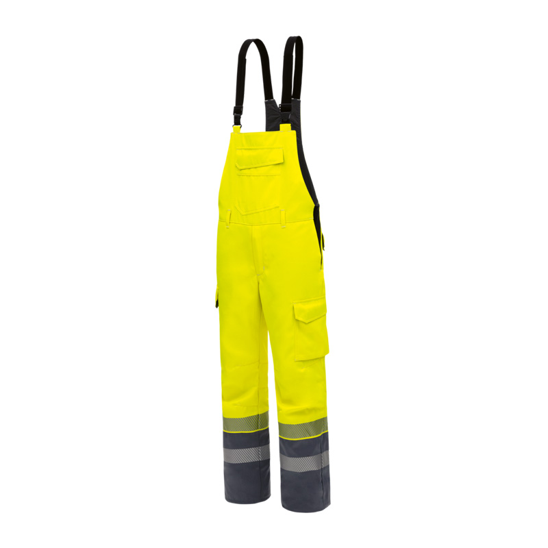 HB Protective Wear HB MultiPro MultiNorm Warnwetterschutz Latzhose 4 kA + 7 kA APC2, gelbe Schutz-Latzhose mit schwarzen Trägern und Reflexstreifen