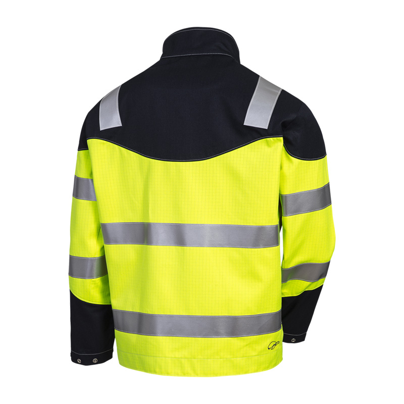 Rückansicht des HB MODarc & vis MultiNorm Warnschutz Blouson 4 kA + 7 kA APC2 von HB Protective Wear in Gelb/Marine mit Reflexstreifen, lichtbogengeprüft und gut sichtbar