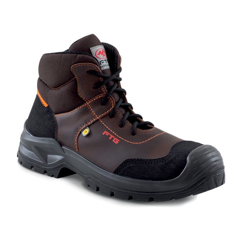 FTG JET S3S ESD Sicherheitsstiefel metallfrei, hoher Arbeitsstiefel aus gewachstem braunem Vollrindleder mit schwarzer Sohle und gepolstertem Schaftrand