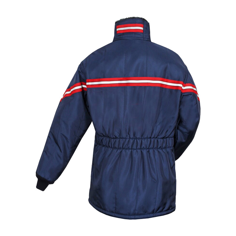 Rückenansicht der TEMPEX CLASSIC Kommissionierer Teddy Gefrierhaus Jacke von HB Protective Wear in Dunkelblau mit roten Reflexstreifen, robuste Kälteschutzjacke für Gefrierhaus und Tiefkühllager bis -49 °C