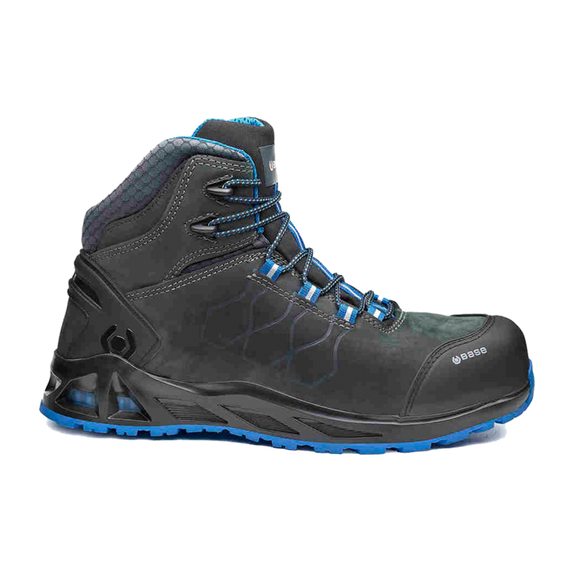BASE K-Road Top S3S HRO Sicherheitsstiefel B1001B von BASE, schwarzer Arbeitsstiefel mit blauen Details und robuster Profilsohle in Seitenansicht