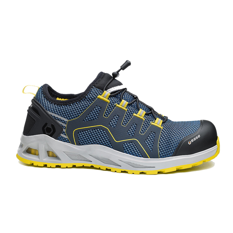 BASE K-Walk S1PS Sicherheitsschuhe HRO B1006B von BASE, sportlicher Arbeitsschuh in Blau-Gelb mit seitlicher Ansicht, Schutzkappe und profilierter Sohle