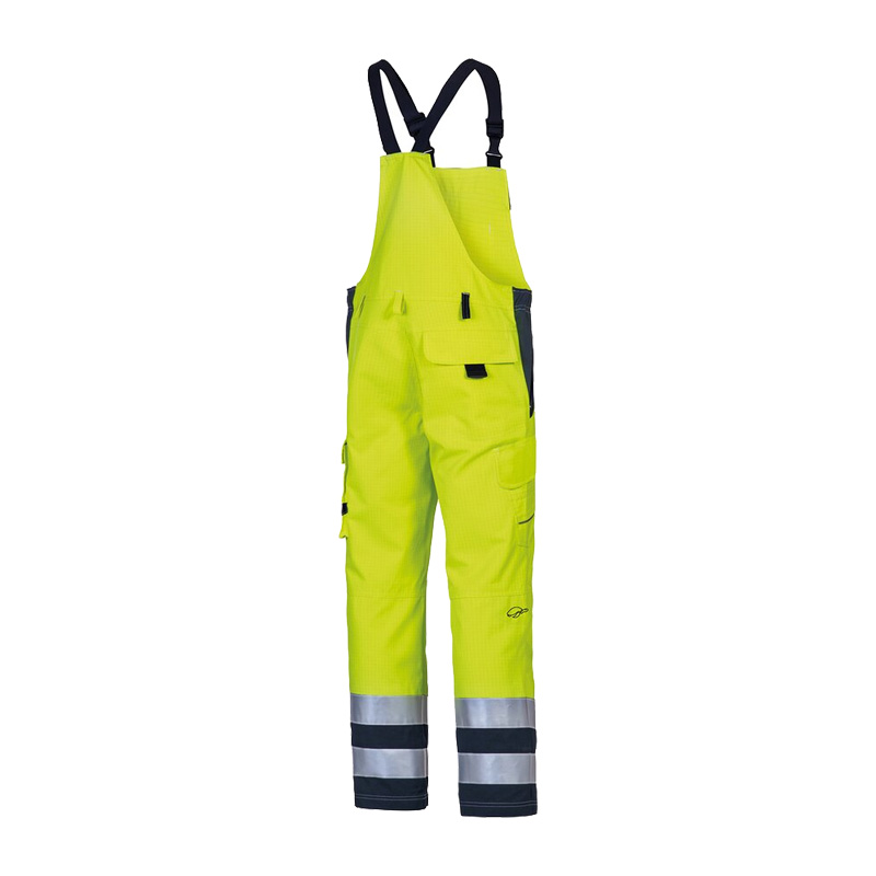 Warnschutz-Latzhose HB MODarc & vis MultiNorm 4 kA | APC1 von HB Protective Wear in Gelb, mit Trägern, Brusttasche und Reflexstreifen für sichere Arbeitseinsätze