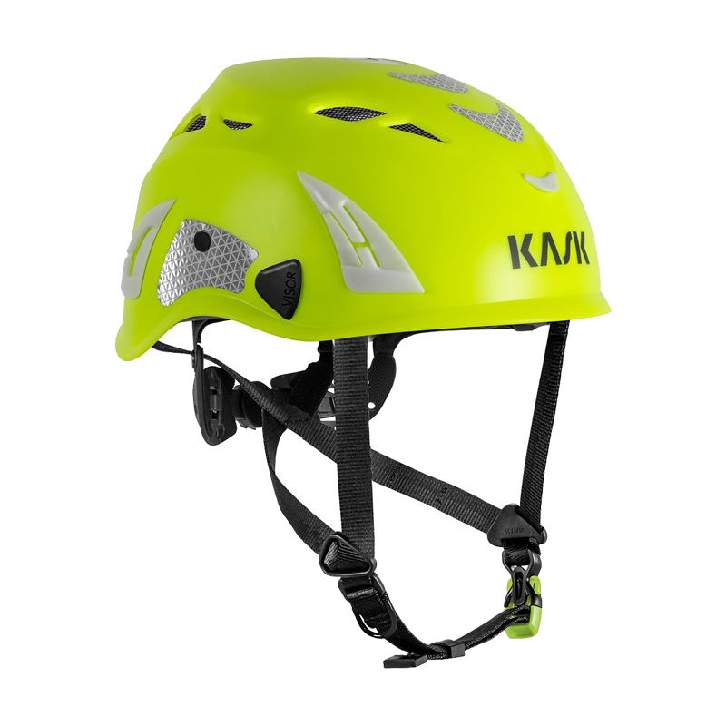 Kask SUPERPLASMA PL HI VIZ Kletterhelm EN 12492, neongelb, mit Belüftungsöffnungen, Reflexdetails und verstellbarem Kinnriemen