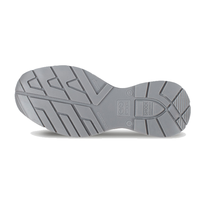 Unteransicht der grauen Profilsohle des FTG Strong S3S ESD Sicherheitsschuhs aus der Dynamic Line, mit rutschhemmendem Profil und Shock Absorber für Industrie, Bau und Logistik