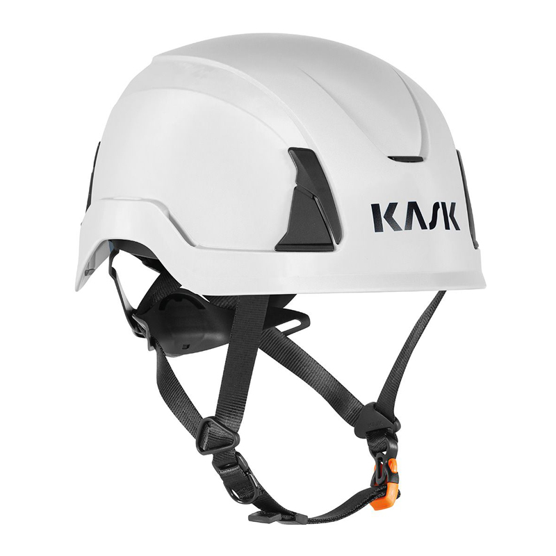 Kask PRIMERO Industriehelm EN 397 + EN 50365 in Weiß, Schutzhelm mit Kinnriemen und Kask-Logo in Seitenansicht