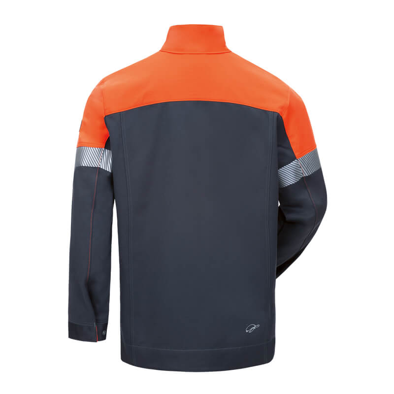 Rückansicht der HB HeavyMetal Pro 340 Gießerei Jacke D2 + E2 von HB Protective Wear in Orange und Dunkelgrau mit hohem Kragen und reflektierenden Ärmeldetails