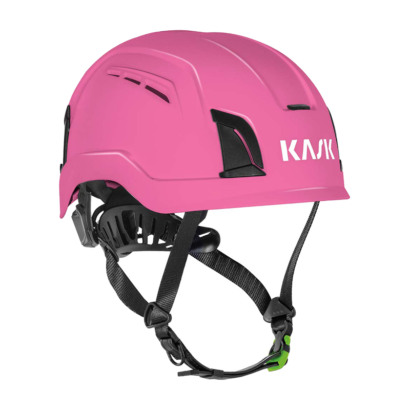 Kask ZENITH-X PL Kletterhelm EN 12492, pinker Schutzhelm mit Belüftungsschlitzen und Kinnriemen, Seitenansicht