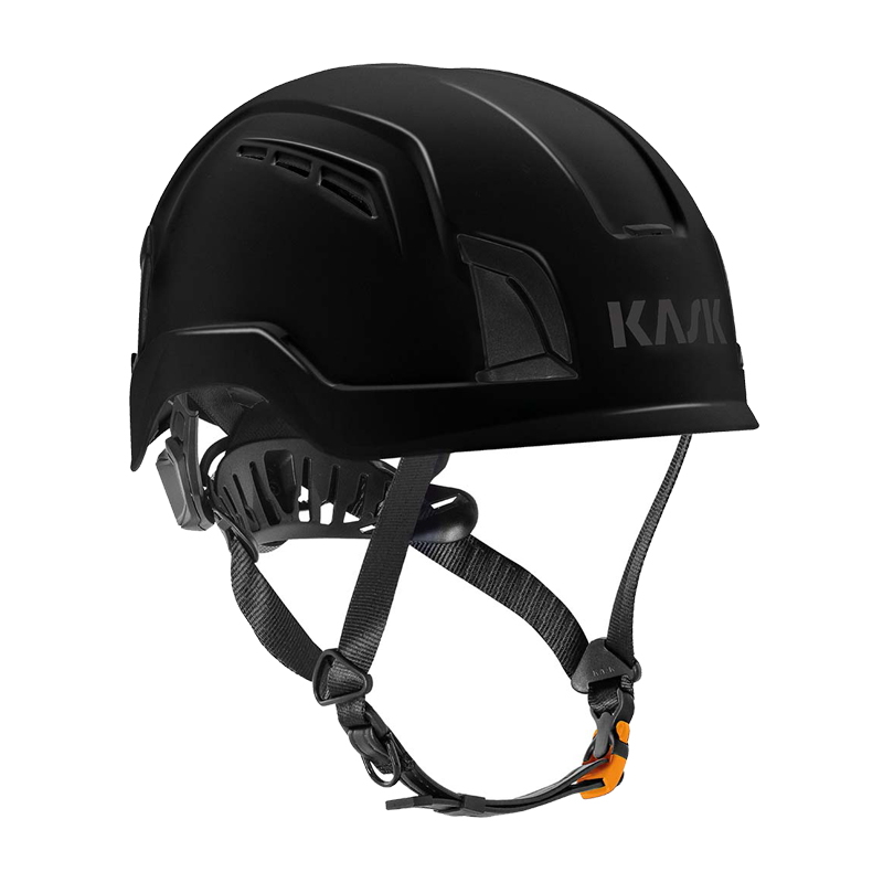 Kask KASK ZENITH-X AIR Industriehelm EN 397 in Schwarz, seitliche Ansicht mit Belüftungsschlitzen und Kinnriemen