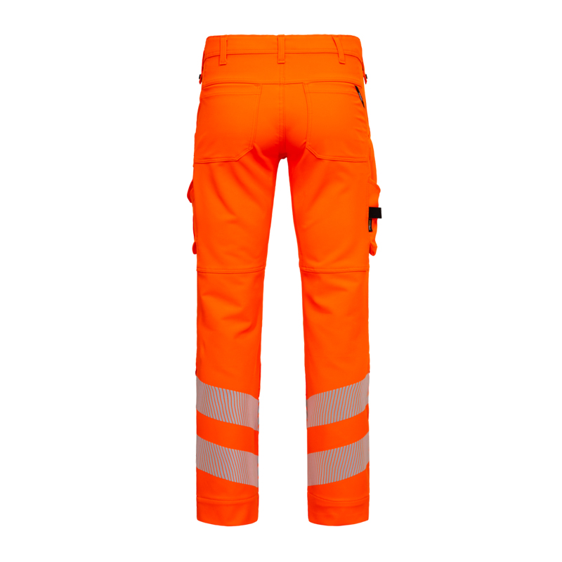 Rückansicht der ENGEL Safety Stretch Warnschutz Hose Klasse 2 | 2345-124 in Orange mit reflektierenden Streifen an den Beinen